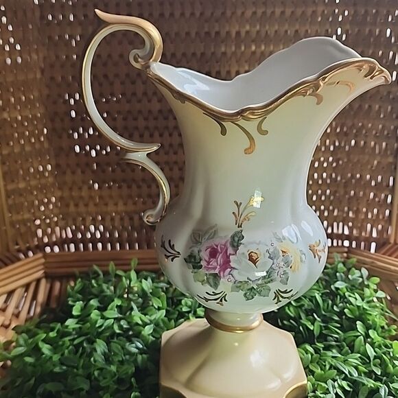 Vintage Porcelain Floral Pitcher Vase With Gold Tone Accent Coquette Bridal - Picture 7 of 17
